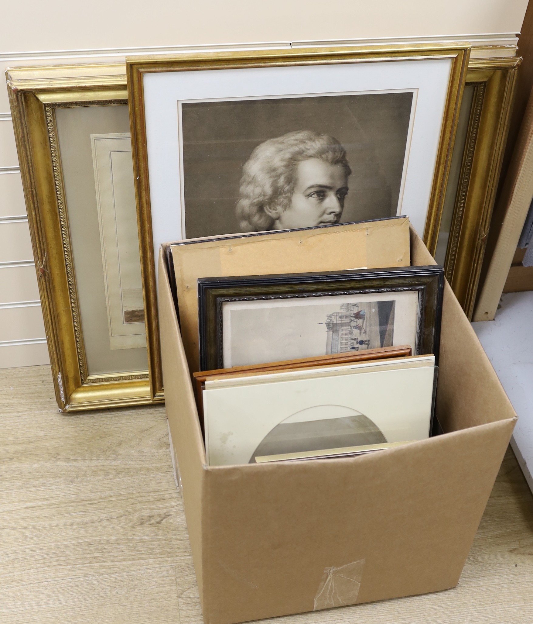 A group of assorted antique and later paintings and prints, including Lewes and Brighton topography, largest 'Brighthelmstone, Fishermen returning' after Loutherbourg, 43 x 56cm